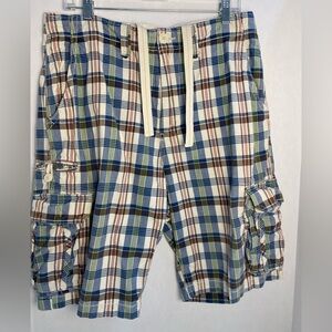 American Rag CIE Madras Plaid Cargo Shorts 100% Cotton Size 34  Cream/Navy/Red